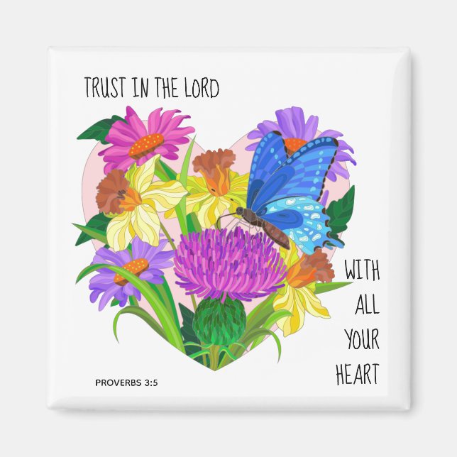 Painted flowers in Heart,  Verse from Proverbs 3:5 Magnet (Front)