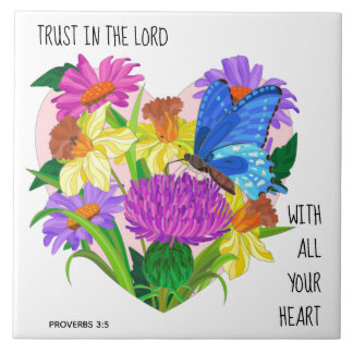 Painted flowers in Heart, Verse from Proverbs 3:5 Tile