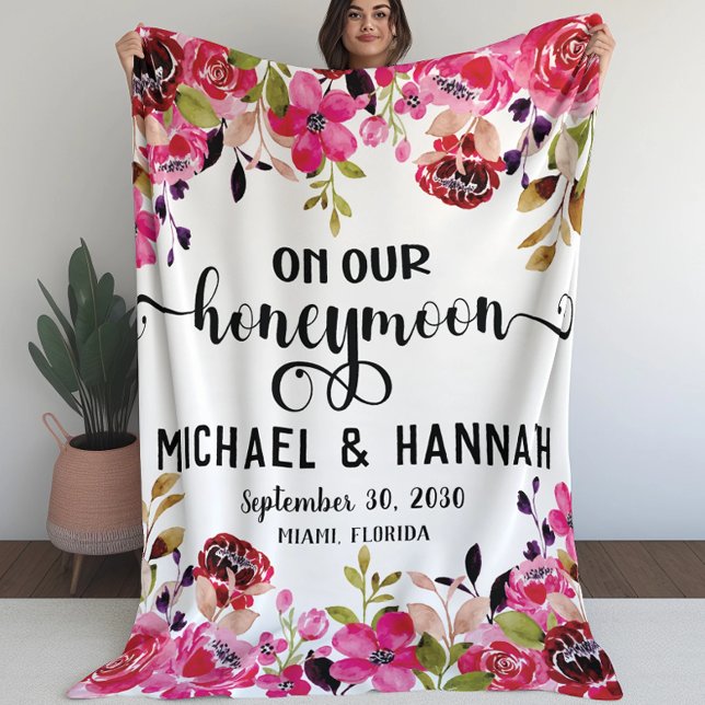 Painted Flowers On Our Honeymoon Watercolor Fleece Blanket (Creator Uploaded)
