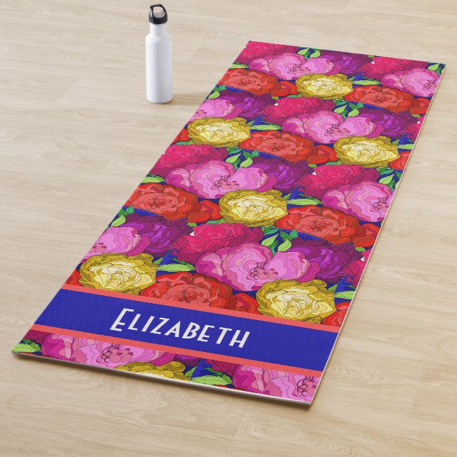 Painted Flowers Pastel Roses, Personalise w Name Yoga Mat (In Situ)