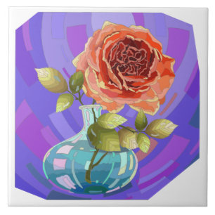 Painted flowers, pink rose in vase tile