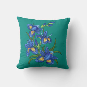 Painted Flowers, pretty blue iris on teal Cushion