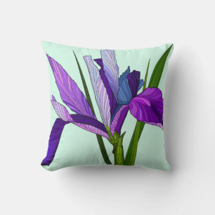 Painted Flowers, pretty purple iris on mint Cushion
