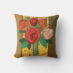 Painted Flowers, Southwestern roses on brown Cushion