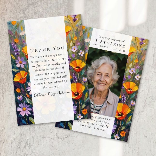 Painted Flowers Sympathy Photo Funeral Thank You Card (Creator Uploaded)