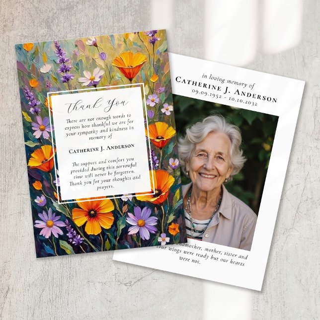 Painted Flowers Sympathy Photo Funeral Thank You Card (Creator Uploaded)