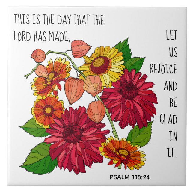 Painted flowers, verse from Psalm 118:24 Tile (Front)