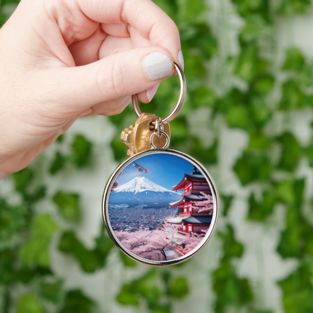 Painted Fuji mountain in cherry blossom season Key Ring (Hand)