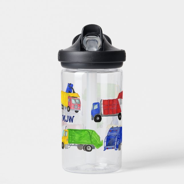 Painted Garbage Trucks Boys Monogrammed Water Bottle (Front)