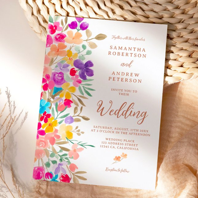 Painted garden wildflowers photo script wedding invitation (Painted garden wildflowers photo script wedding invitation)