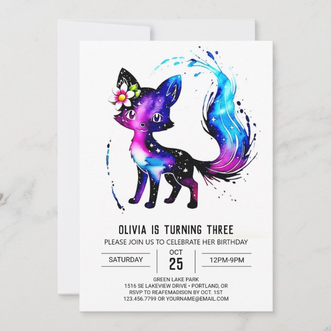 Painted Girly Fox Digital Girl Birthday Invitation (Front)