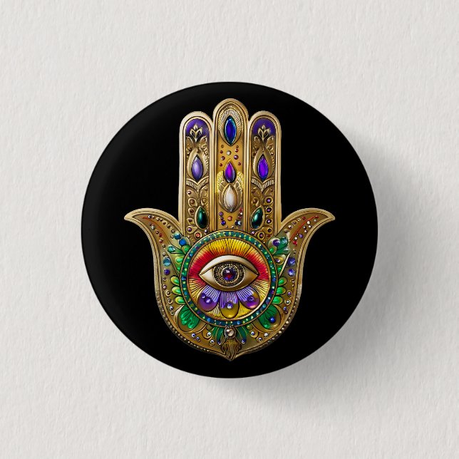 Painted Gold Hamsa Amethyst Ruby Third Eye 3 Cm Round Badge (Front)