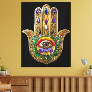 Painted Gold Hamsa Amethyst Ruby Third Eye Canvas Print