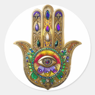 Painted Gold Hamsa Amethyst Ruby Third Eye Classic Round Sticker