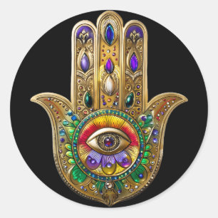 Painted Gold Hamsa Amethyst Ruby Third Eye Classic Round Sticker