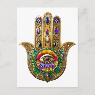 Painted Gold Hamsa Amethyst Ruby Third Eye Postcard