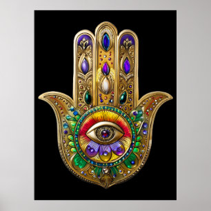 Painted Gold Hamsa Amethyst Ruby Third Eye Poster