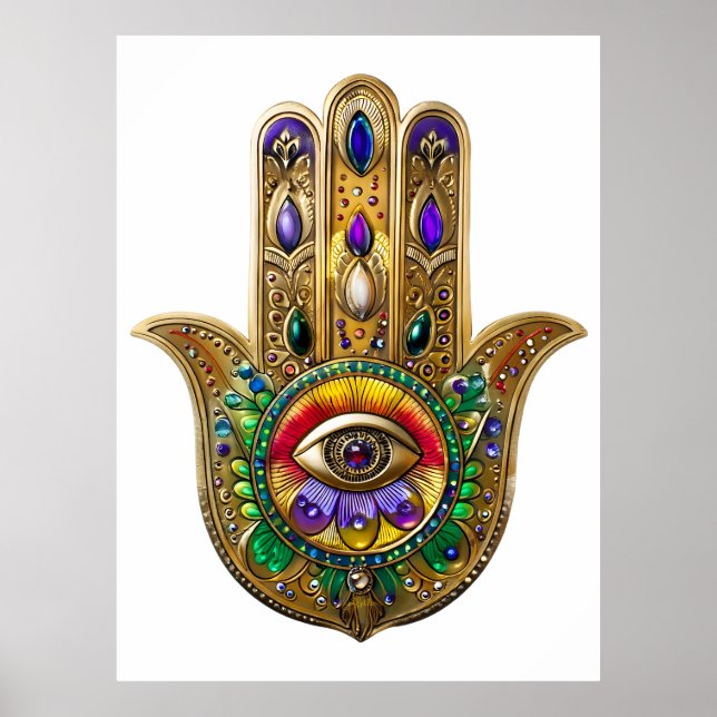 Painted Gold Hamsa Amethyst Ruby Third Eye Poster (Front)