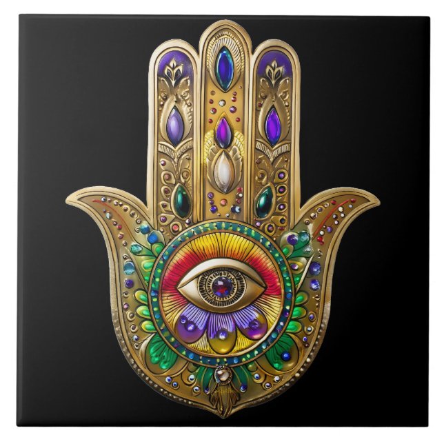 Painted Gold Hamsa Amethyst Ruby Third Eye Tile (Front)