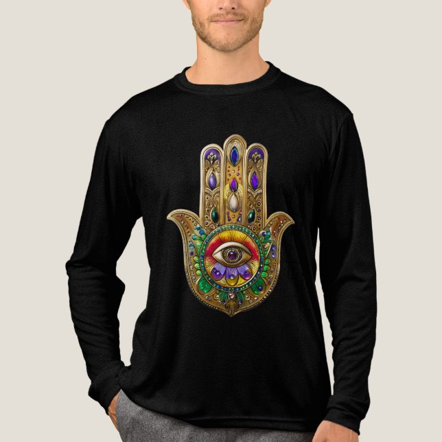 Painted Gold Hamsa Amethyst Ruby Third Eye Tri-Blend Shirt (Front)