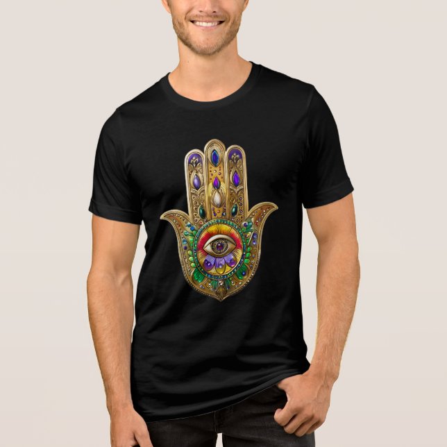 Painted Gold Hamsa Amethyst Ruby Third Eye Tri-Blend Shirt (Front)