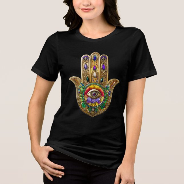 Painted Gold Hamsa Amethyst Ruby Third Eye Tri-Blend Shirt (Front)