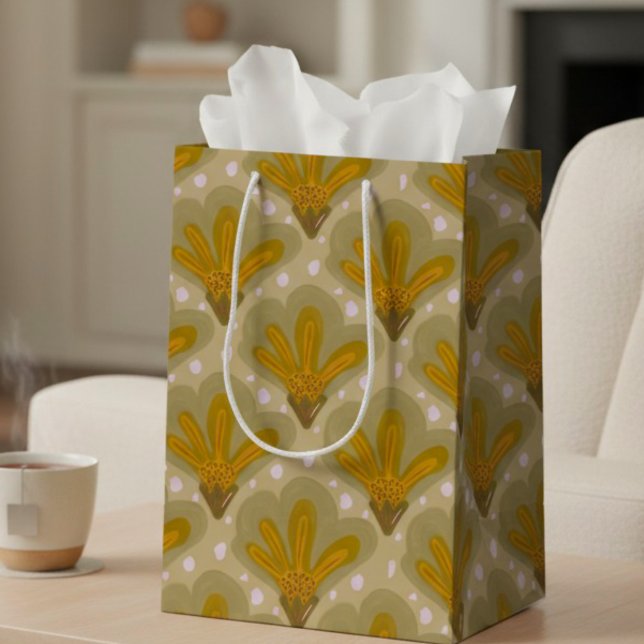 Painted Gold Watercolor Flowers Medium Gift Bag (Fits any occasion. Cute but chic painted golden flowers with dots.)