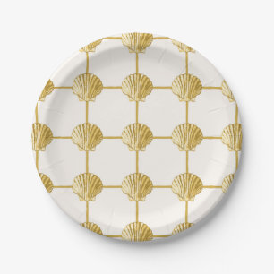Painted Golden Yellow Coastal Seashell Checkers Paper Plate
