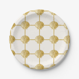 Painted Golden Yellow Coastal Seashell Checkers Paper Plate