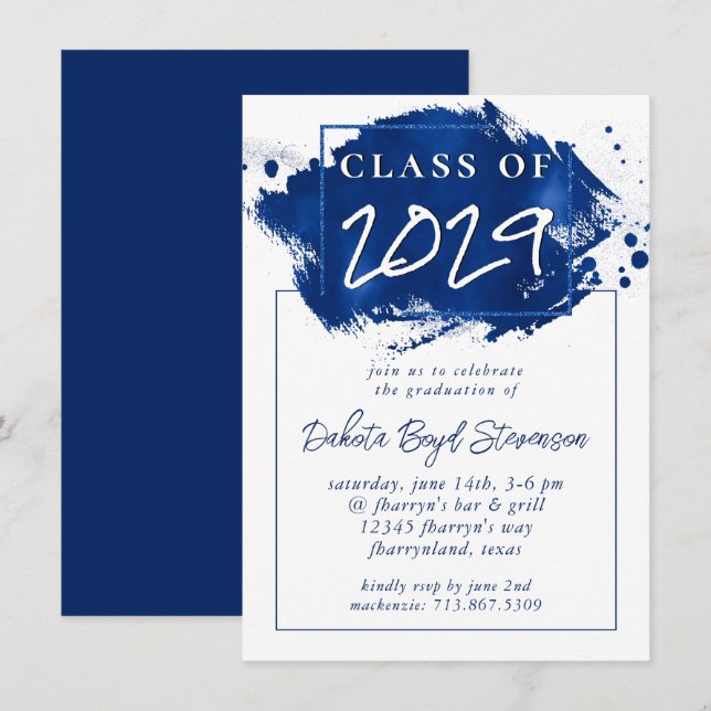 Painted Grad | Blue Splatter Brushstroke Party Invitation (Front/Back)
