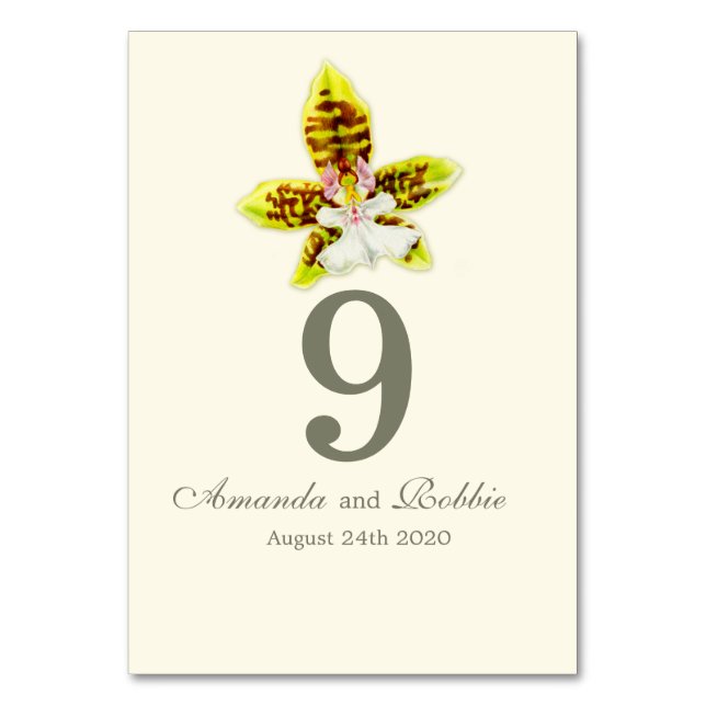 Painted green orchid wedding flower table numbers (Front)