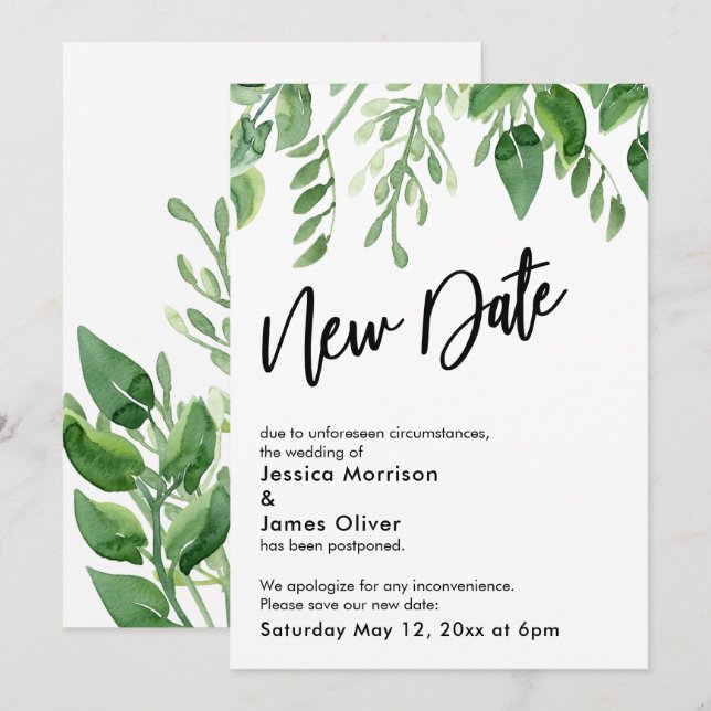 Painted Greenery Postponed Wedding New Date Card (Front/Back)
