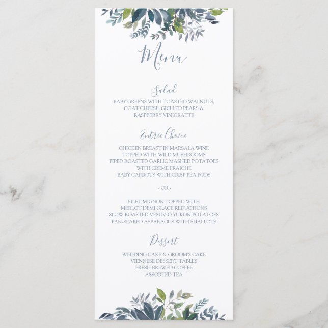 Painted Greenery Wedding Menus Dusty Blue (Front)