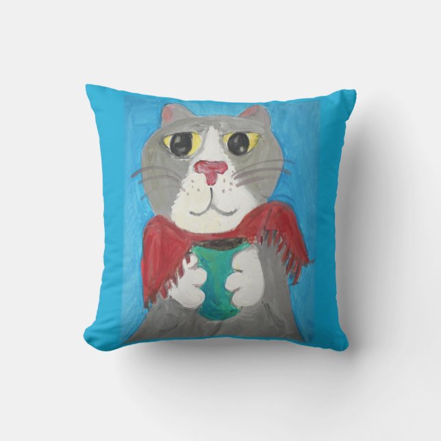 Painted Grey Cat with Coffee Folk Art Fun Cushion (Front)
