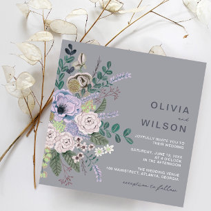 Painted Grey & Lavender Boho floral Wedding Invitation