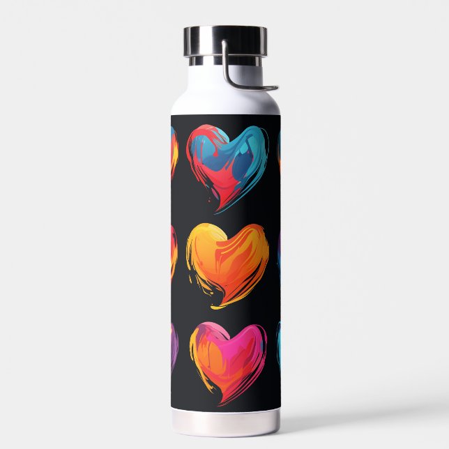 Painted hearts on a black background water bottle (Left)