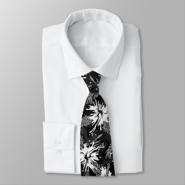 Painted Hibiscus Hawaiian Floral  Black and White Tie (Tied)
