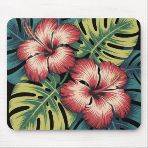 Painted Hibiscus Monstera Leaves Hawaiian Mousepad