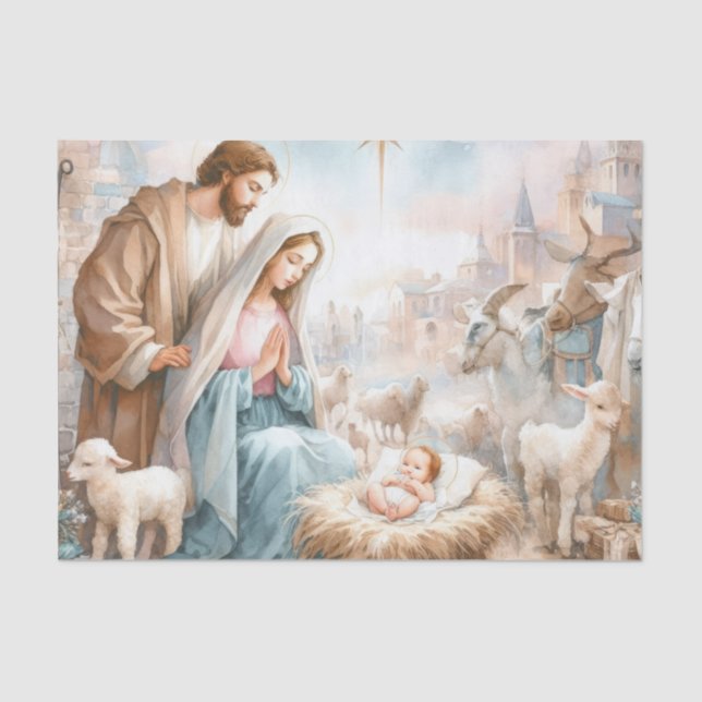 Painted Holy Family Scene with Animals Tissue Paper (Front)