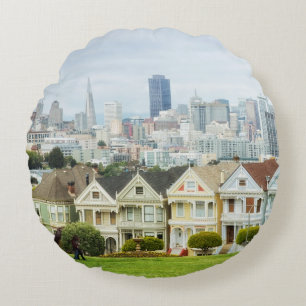 Painted Ladies, Victorian houses and skyline Round Cushion
