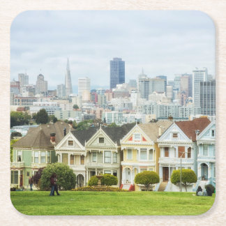 Painted Ladies, Victorian houses and skyline Square Paper Coaster