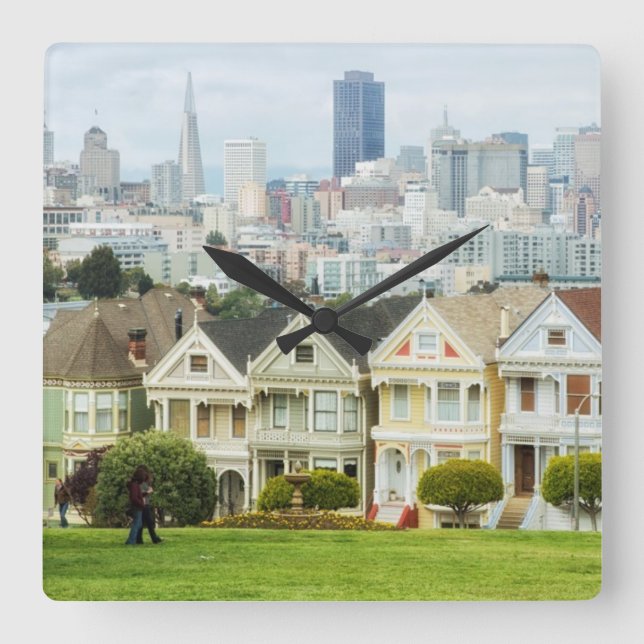 Painted Ladies, Victorian houses and skyline Square Wall Clock (Front)
