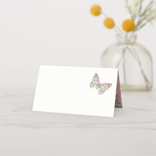 Painted lady butterfly art pink guest place cards (Front)
