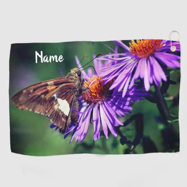 Painted Lady Butterfly Aster Flower Personalised Golf Towel (Horizontal)