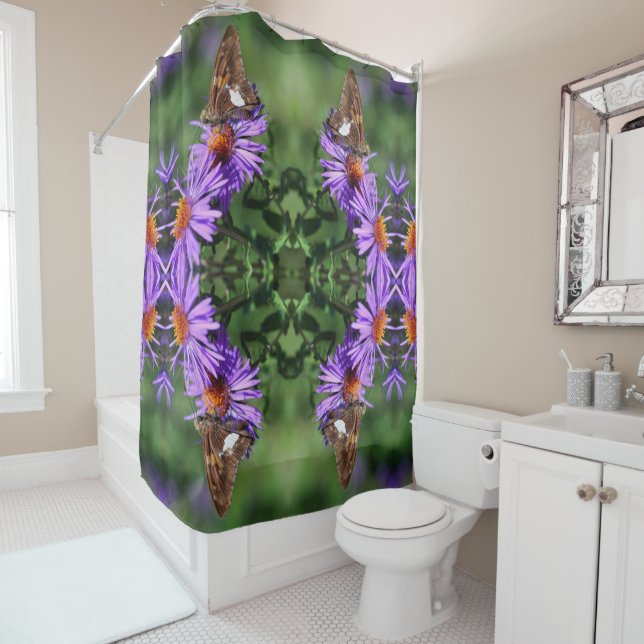 Painted Lady Butterfly On Aster Flower Abstract  Shower Curtain (In Situ)