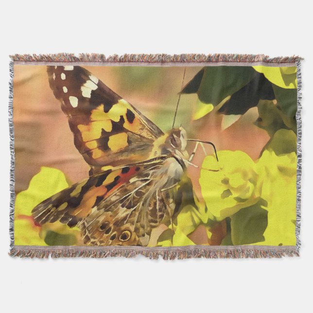 Painted Lady Butterfly on Myrtle Spurge  Throw Blanket (Front)