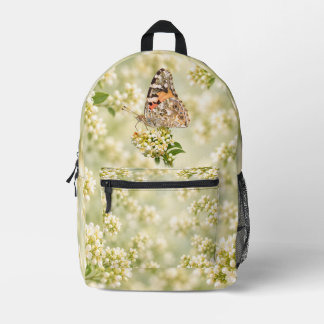 Painted Lady Butterfly on White Flowers Printed Backpack