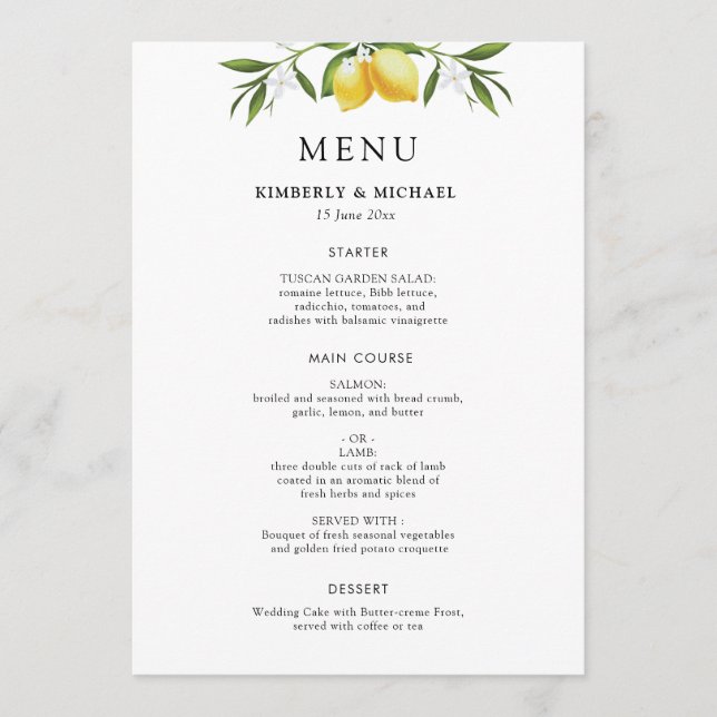 Painted lemons greenery foliage wedding menu (Front)
