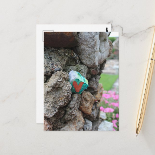 Painted Little Heart Rock Hidden in a Rock Wall Postcard (Front/Back In Situ)