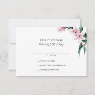 Painted Magnolia and leaves Silver Wedding RSVP Card